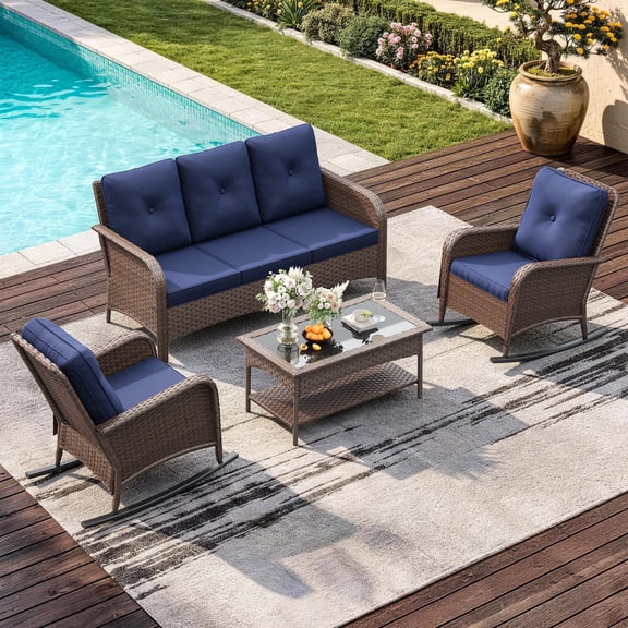 ELPOSUN 5-Seat Outdoor Patio Furniture Set, 4 Pieces All-Weather Wicker Rattan Outdoor Patio Sectional Sofa with Rocking Chairs, for Garden,Poolside,Backyard, Brown&Blue