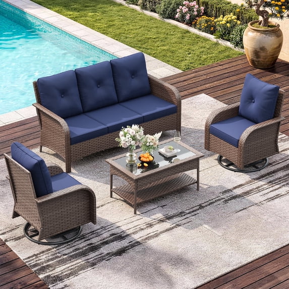 ELPOSUN 5-Seat Outdoor Patio Furniture Set, 4 Pieces All-Weather Wicker Rattan Outdoor Patio Sectional Sofa with Swivel Rocking Chairs, for Garden,Poolside,Backyard, Brown&Blue