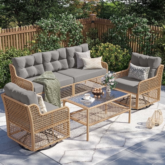 ELPOSUN 5-Seat Outdoor Patio Furniture Set, Wicker Rattan Outdoor Furniture Set with Swivel Chairs & All-Weather Thickened Cushions for Garden, Porch, Backyard, and Poolside, Gray