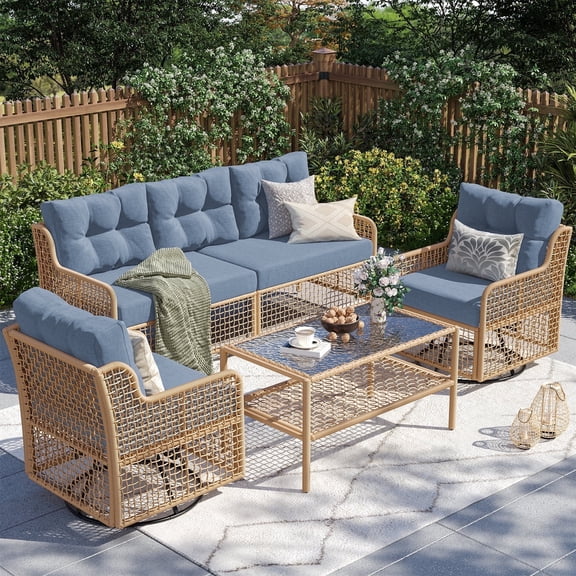ELPOSUN 5-Seat Outdoor Patio Furniture Set, Wicker Rattan Outdoor Furniture Set with Swivel Chairs & All-Weather Thickened Cushions for Garden, Porch, Backyard, and Poolside, Denim Blue
