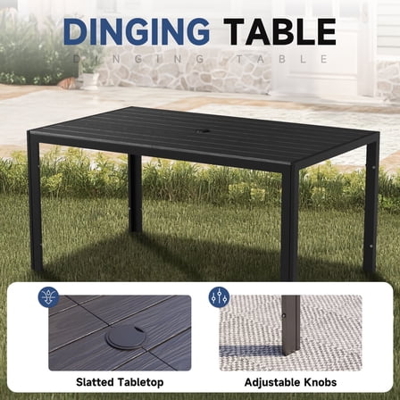 ELPOSUN 6-Person Outdoor Rectangular Metal Dining Table with Umbrella Hole, All-Weather Resistance Patio Table, Black