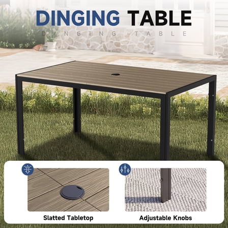 ELPOSUN 6-Person Outdoor Rectangular Metal Dining Table with Umbrella Hole, All-Weather Resistance Patio Table, Brown