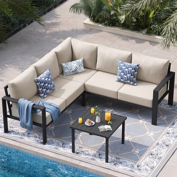ELPOSUN 6 Pieces Patio Furniture Sets with 6" Thick Olefin Cushions, Metal Outdoor Sectional Furniture L Shape Patio Conversation Sets for Garden, Backyard, Black Frame, Beige