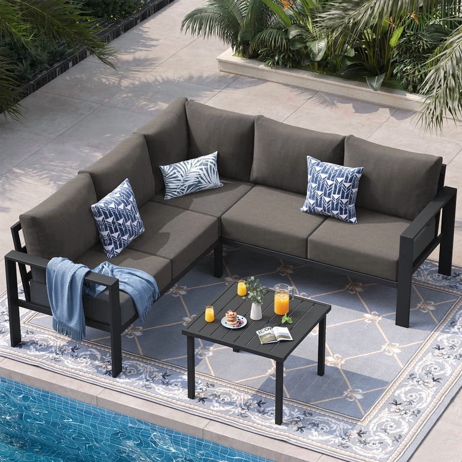 ELPOSUN 6 Pieces Patio Furniture Sets with 6" Thick Olefin Cushions, Metal Outdoor Sectional Furniture L Shape Patio Conversation Sets for Garden, Backyard, Black Frame, Gray