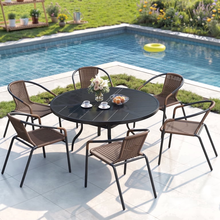 brown patio table with umbrella hole ELPOSUN 7-Piece Outdoor Patio Dining Set, Patio Dining Chairs & 51.1” Large  Round Dining Table with Umbrella Hole, Steel Frame & Rattan Seat,