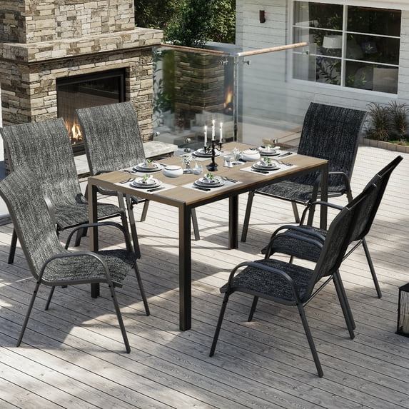 ELPOSUN 7-Piece Outdoor Patio Dining Set ,Plastic-Wood Table & Textilene Chairs Set, Outdoor Furniture Dining Table Set, Garden Porch Backyard,Brown desktop,Dark gray