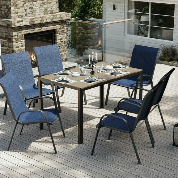 ELPOSUN 7-Piece Outdoor Patio Dining Set ,Plastic-Wood Table & Textilene Chairs Set, Outdoor Furniture Dining Table Set, Garden Porch Backyard,Brown desktop,Deep Blue