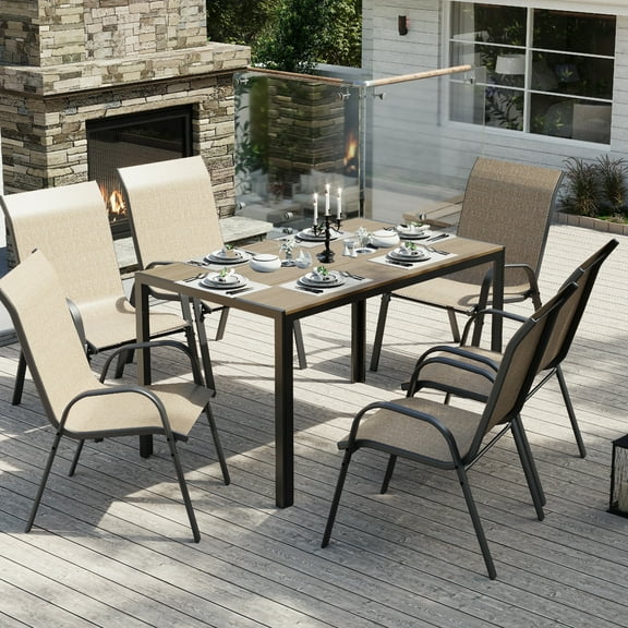 ELPOSUN 7-Piece Outdoor Patio Dining Set ,Plastic-Wood Table & Textilene Chairs Set, Outdoor Furniture Dining Table Set, Garden Porch Backyard,Brown desktop，Khaki