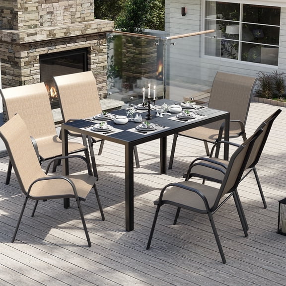 ELPOSUN 7-Piece Outdoor Patio Dining Set ,Plastic-Wood Table & Textilene Chairs Set, Outdoor Furniture Dining Table Set, Garden Porch Backyard,Khaki