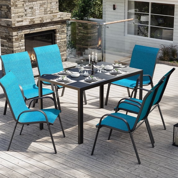 ELPOSUN 7-Piece Outdoor Patio Dining Set ,Plastic-Wood Table & Textilene Chairs Set, Outdoor Furniture Dining Table Set, Garden Porch Backyard,Sky blue