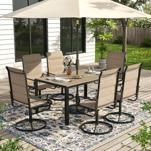 ELPOSUN 7 Piece Outdoor Patio Dining Set Swivel High Back Padded Textilene Chairs and Rectangle Brown Table Furniture Set,Beige