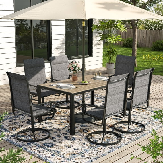 ELPOSUN 7 Piece Outdoor Patio Dining Set Swivel High Back Padded Textilene Chairs and Rectangle Brown Table Furniture Set,Dark Gray