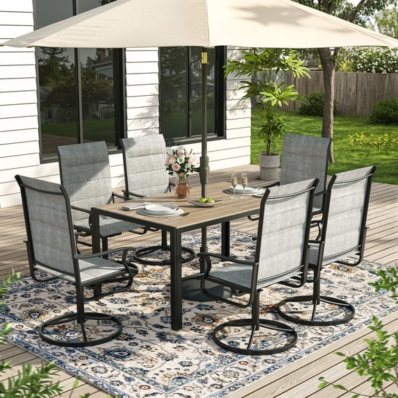 ELPOSUN 7 Piece Outdoor Patio Dining Set Swivel High Back Padded Textilene Chairs and Rectangle Brown Table Furniture Set,Light Gray