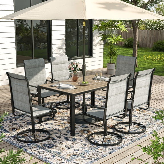 ELPOSUN 7 Piece Outdoor Patio Dining Set Swivel High Back Padded Textilene Chairs and Rectangle Brown Table Furniture Set,Light Gray