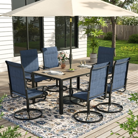 ELPOSUN 7 Piece Outdoor Patio Dining Set Swivel High Back Padded Textilene Chairs and Rectangle Brown Table Furniture Set,Navy