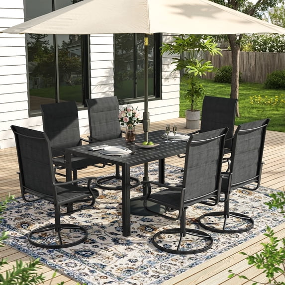 ELPOSUN 7 Piece Outdoor Patio Dining Set Swivel High Back Padded Textilene Chairs and Rectangle Table Furniture Set,Black