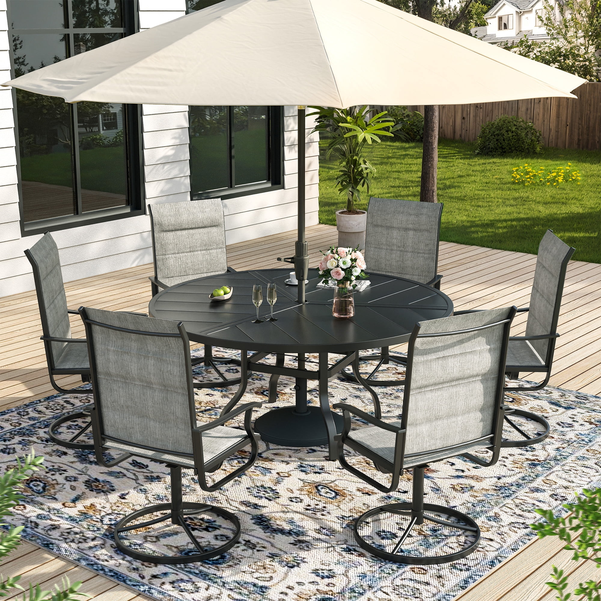 ELPOSUN 7 Piece Outdoor Patio Dining Set Swivel High Back Padded Textilene Chairs and Round Table Furniture Set,Light Gray