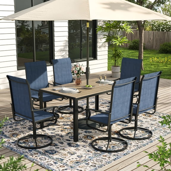 ELPOSUN 7 Piece Outdoor Patio Dining Set Swivel High Back Textilene Chairs and Rectangle Brown Table Furniture Set,Navy