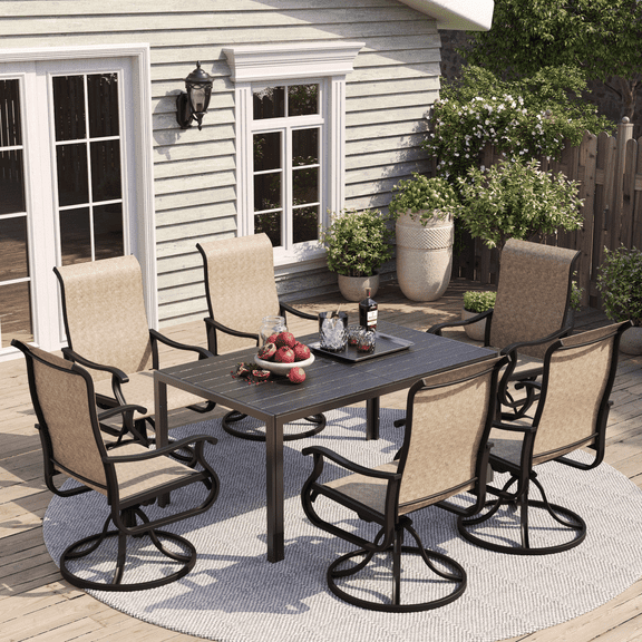 ELPOSUN 7 Piece Outdoor Patio Dining Set Swivel High Back Textilene Chairs and Rectangle Table Furniture Set,Beige