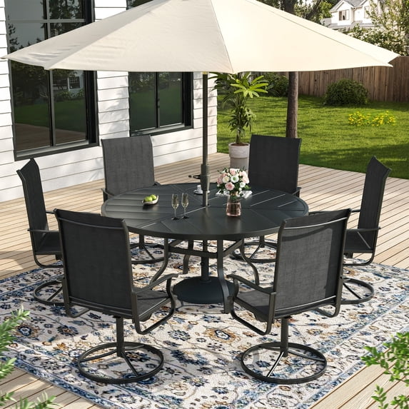 ELPOSUN 7 Piece Outdoor Patio Dining Set Swivel High Back Textilene Chairs and Round Table Furniture Set,Black