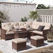 ELPOSUN 7-Piece Outdoor Patio Furniture Set - Sectional Sofa, Dining Table &amp; Chairs Included, All-Weather Conversation Set with Ottoman, Brown Rattan,Khaki