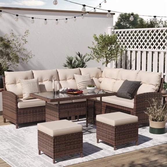 ELPOSUN 7-Piece Outdoor Patio Furniture Set - Sectional Sofa, Dining Table & Chairs Included, All-Weather Conversation Set with Ottoman, Brown Rattan,Khaki