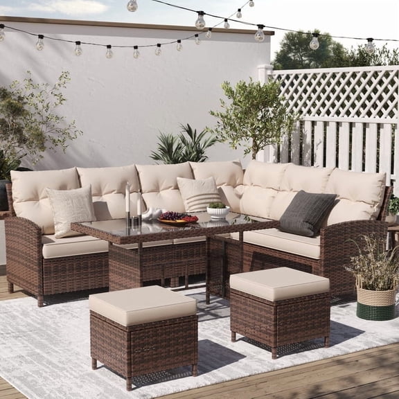 ELPOSUN 7-Piece Outdoor Patio Furniture Set - Sectional Sofa, Dining Table & Chairs Included, All-Weather Dining Set with Ottoman, Brown Rattan,Khaki