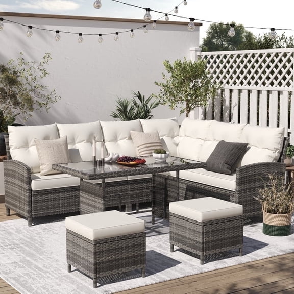 ELPOSUN 7-Piece Outdoor Patio Furniture Set - Sectional Sofa, Dining Table & Chairs Included, All-Weather Conversation Set with Ottoman, Gray Rattan,Beige