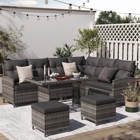 ELPOSUN 7-Piece Outdoor Patio Furniture Set - Sectional Sofa, Dining Table & Chairs Included, All-Weather Conversation Set with Ottoman, Gray Rattan,Black