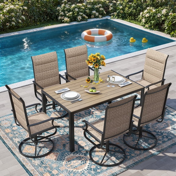 ELPOSUN 7-Piece Padded Patio Dining Set, 360-Swivel High Back Breathable Textilene Chairs & Rectangular Brown Table, Heavy Duty All-Weather Outdoor Furniture，Khaki