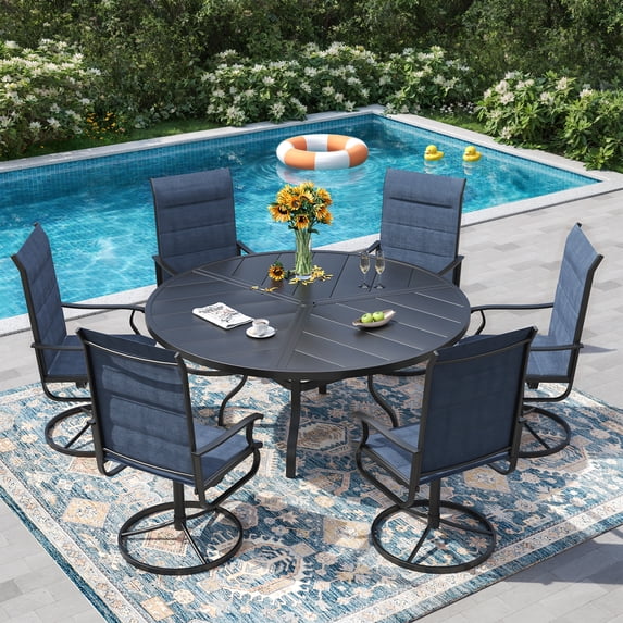 ELPOSUN 7-Piece Padded Patio Dining Set, 360-Swivel High Back Breathable Textilene Chairs & Round Table, Heavy Duty All-Weather Outdoor Furniture,Navy