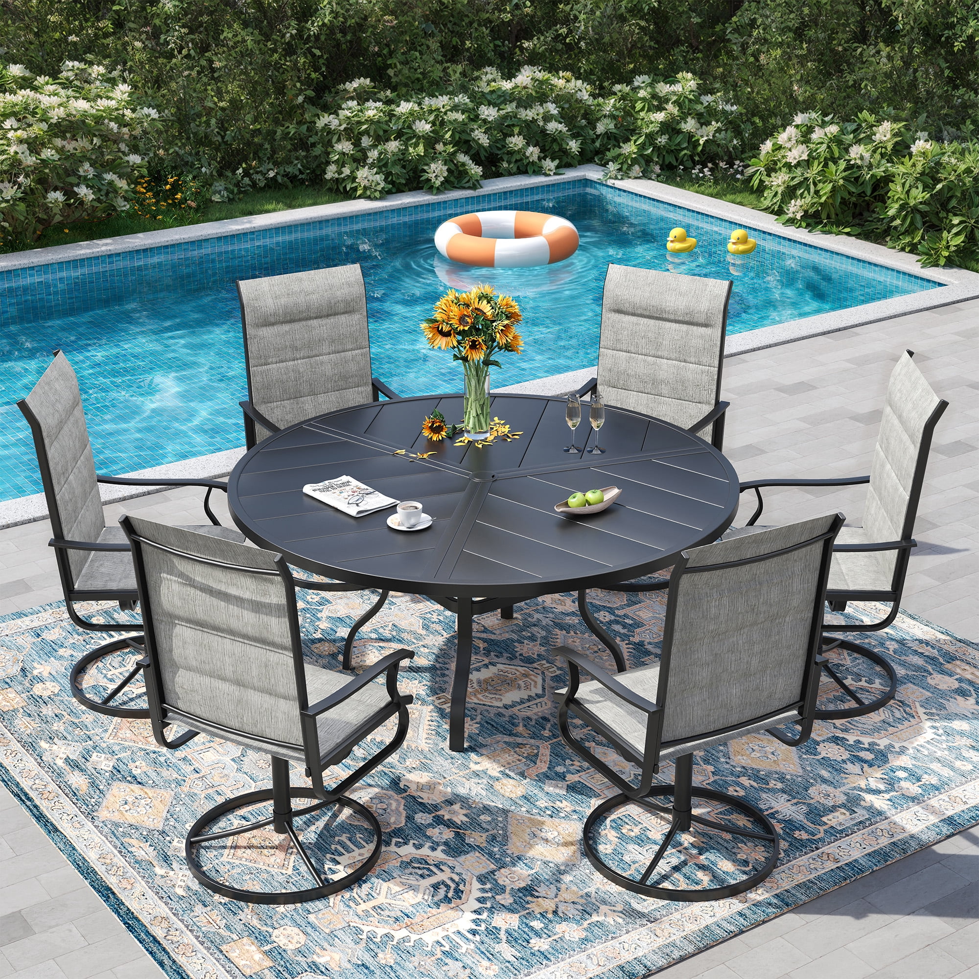 ELPOSUN 7-Piece Padded Patio Dining Set, 360-Swivel High Back Breathable Textilene Chairs & Round Table, Heavy Duty All-Weather Outdoor Furniture，Light Gray