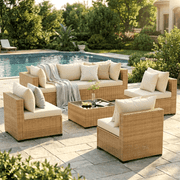 ELPOSUN 7-Piece Patio Furniture Set, Outdoor Conversation Set, All-Weather Wicker Outdoor Sectional Sofa Set with Table & Cushions, Beige