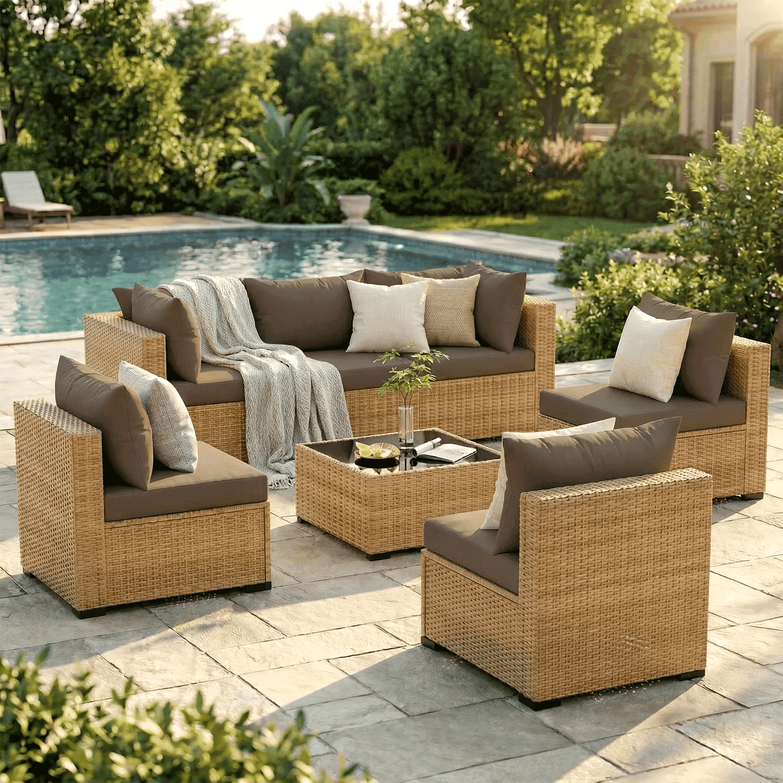 ELPOSUN 7-Piece Patio Furniture Set, Outdoor Conversation Set, All-Weather Wicker Outdoor Sectional Sofa Set with Table & Cushions, Brown