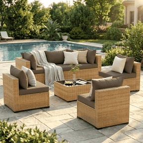 ELPOSUN 7-Piece Patio Furniture Set, Outdoor Conversation Set, All-Weather Wicker Outdoor Sectional Sofa Set with Table & Cushions, Brown