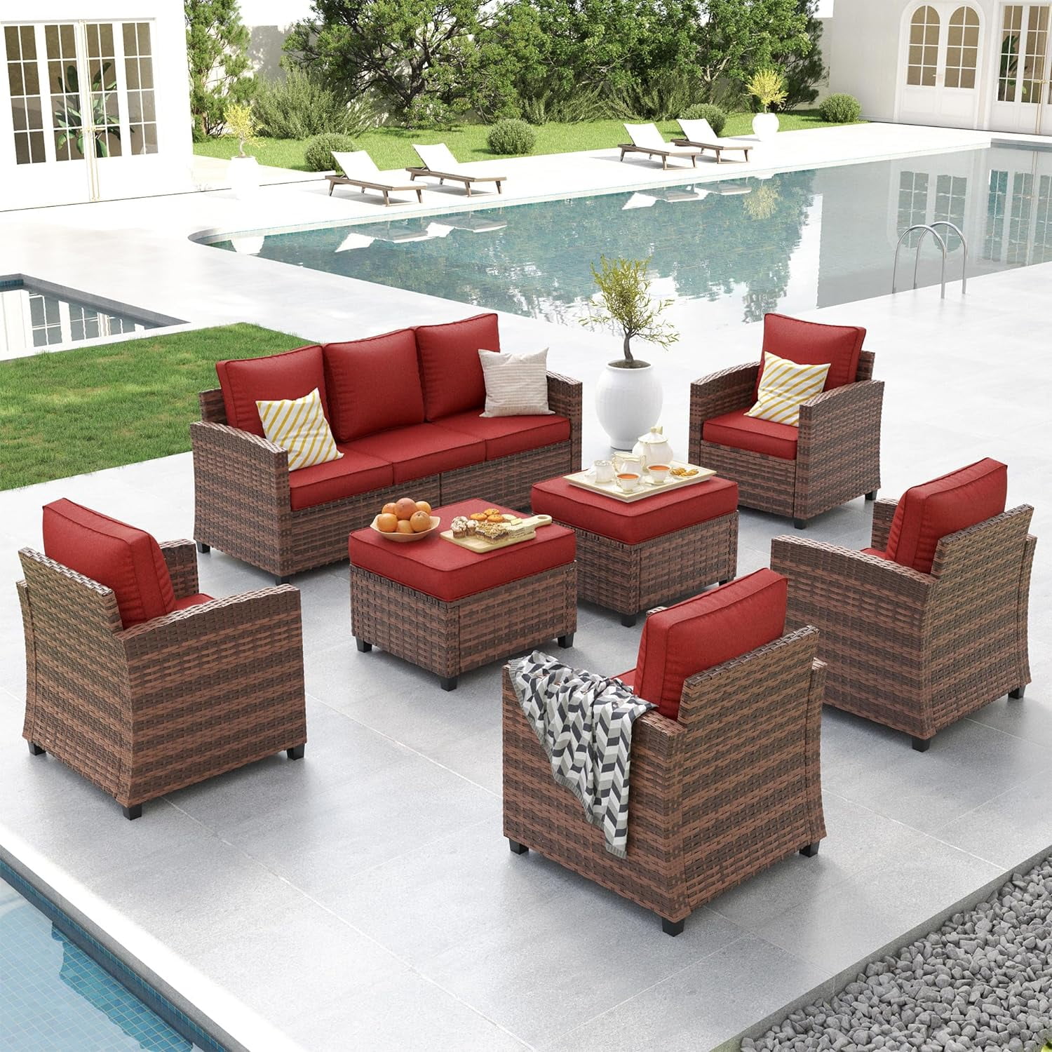 ELPOSUN 7 Pieces Outdoor Patio Furniture Set, 4 x Single Chair, 2 x
