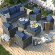 ELPOSUN 7 Pieces Outdoor Patio Furniture Set, 4 x Single Chair, 2 x Ottoman and 3-Seat Sofa with Cushions, Outdoor Wicker Sectional Conversation Set for Garden, Poolside, Backyard, Navy Blue Cushion