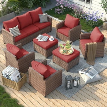 ELPOSUN 7 Pieces Outdoor Patio Furniture Set, 4 x Single Chair, 2 x Ottoman and 3-Seat Sofa with Cushions, Outdoor Wicker Sectional Conversation Set for Garden, Poolside, Backyard, Wine Red Cushions