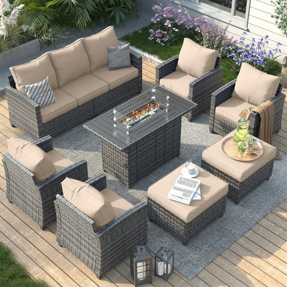 ELPOSUN 7 Pieces Outdoor Patio Furniture Set with Fire Pit Table, Outdoor Wicker Sectional Patio Conversation Set with Ottoman for Garden, Poolside, Backyard, Khaki Cushion