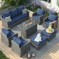 thumbnail image 1 of ELPOSUN 7 Pieces Outdoor Patio Furniture Set with Fire Pit Table, Outdoor Wicker Sectional Patio Conversation Set with Ottoman for Garden, Poolside, Backyard, Navy Blue Cushion, 1 of 10