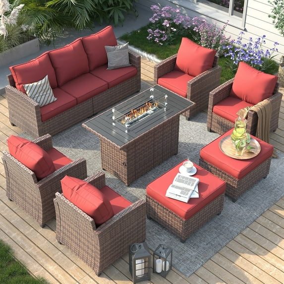 ELPOSUN 7 Pieces Outdoor Patio Furniture Set with Fire Pit Table, Outdoor Wicker Sectional Patio Conversation Set with Ottoman for Garden, Poolside, Backyard, Wine Red Cushion