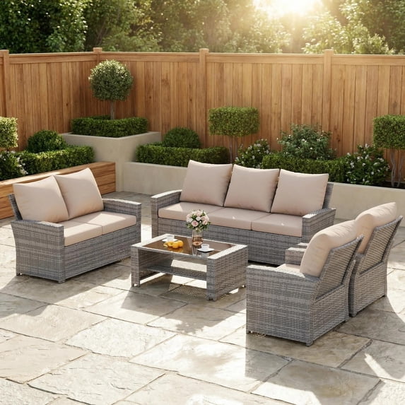 ELPOSUN 7 Pieces Outdoor Sectional PE Rattan Conversation Sofa Set with Gray Wicker, Beige