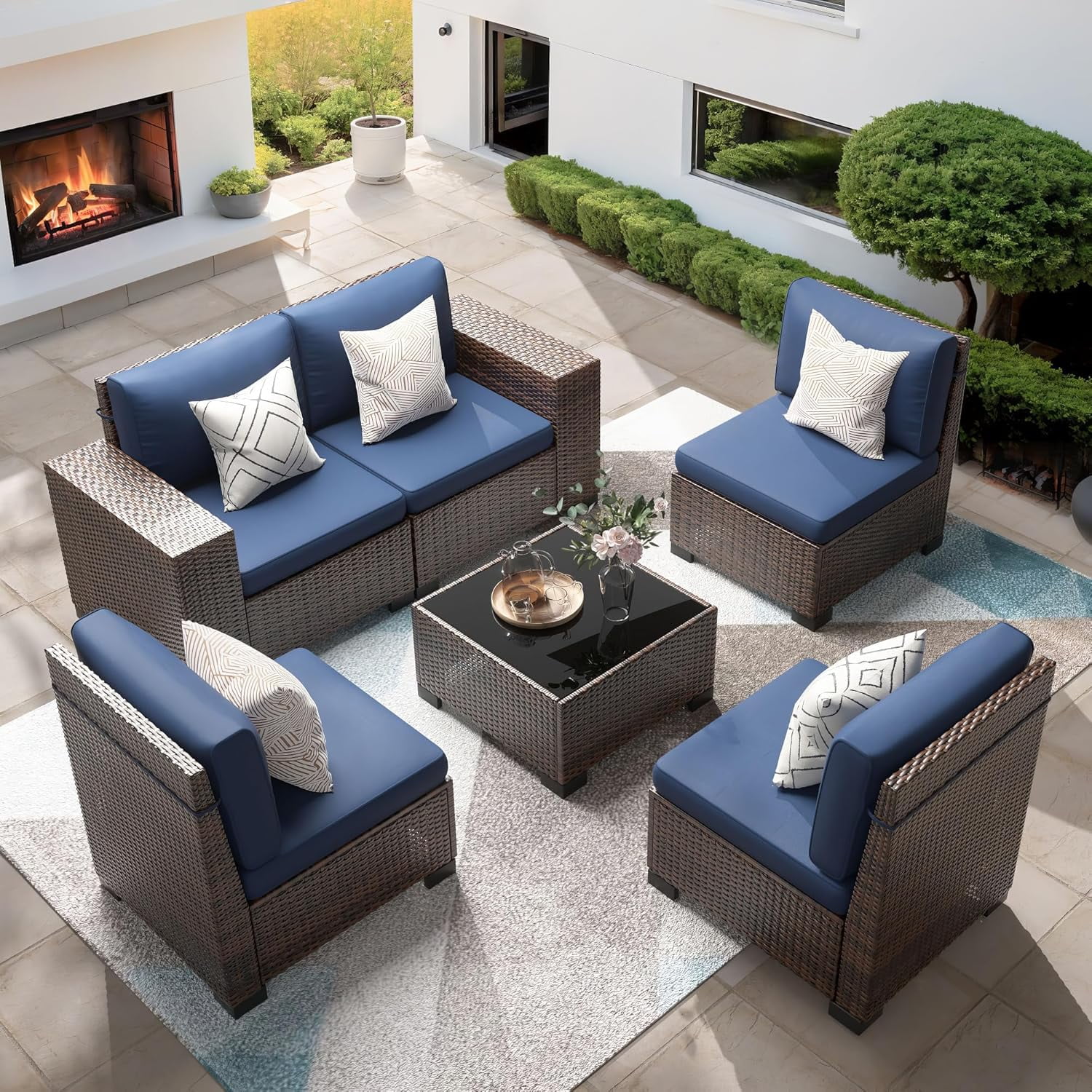 Elposun 7pc Rattan Wicker Sofa Couch & Outside Table Patio Conversation Set, Blue
