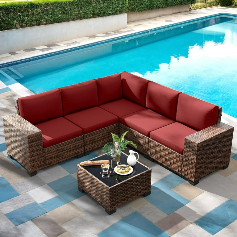 ELPOSUN Outdoor Sectional Furniture Set 6 Piece Brown Rattan Wicker Conversation Sofa Set with Glass Top Table and Waterproof Covers Red Cushions
