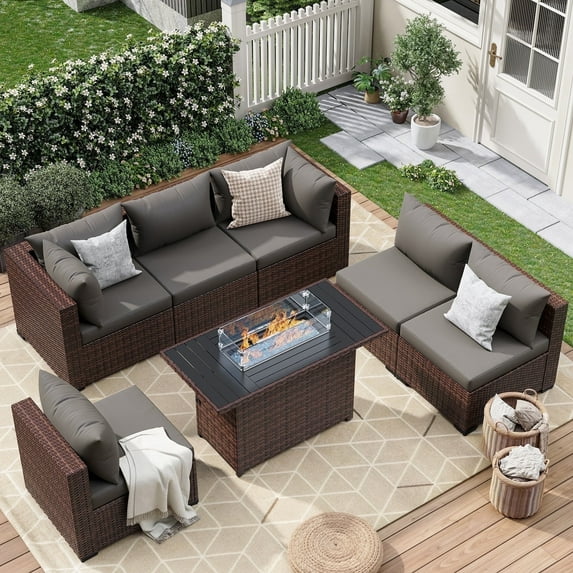 ELPOSUN 7 Pieces Patio Furniture Set All Weather Outdoor Sectional Sofa, Outdoor Modern Sectional Furniture Wicker Couch with Fire Pit Table, Thicken Gray Cushions, Water Resistant