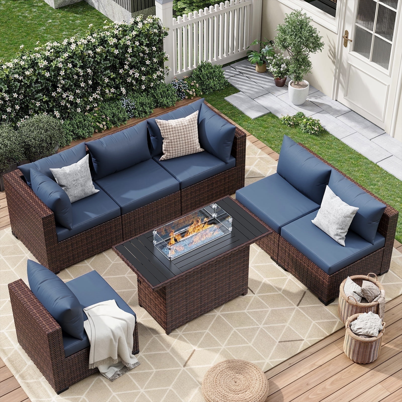ELPOSUN 7 Pieces Patio Furniture Set All Weather Outdoor Sectional Sofa, Outdoor Modern Sectional Furniture Wicker Couch with Fire Pit Table, Thicken Navy Blue Cushions, Water Resistant
