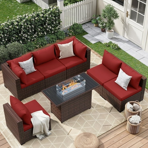 ELPOSUN 7 Pieces Patio Furniture Set All Weather Outdoor Sectional Sofa, Outdoor Modern Sectional Furniture Wicker Couch with Fire Pit Table, Thicken Red Cushions, Water Resistant