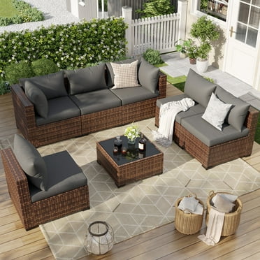 ELPOSUN 7 Pieces Patio Furniture Set All Weather Outdoor Sectional Sofa, Outdoor Modern Sectional Furniture Wicker Couch with Glass Coffee Table, Thicken Gray Cushions, Water Resistant
