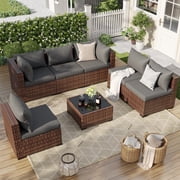 ELPOSUN 7 Pieces Patio Furniture Set All Weather Outdoor Sectional Sofa, Outdoor Modern Sectional Furniture Wicker Couch with Glass Coffee Table, Thicken Gray Cushions, Water Resistant