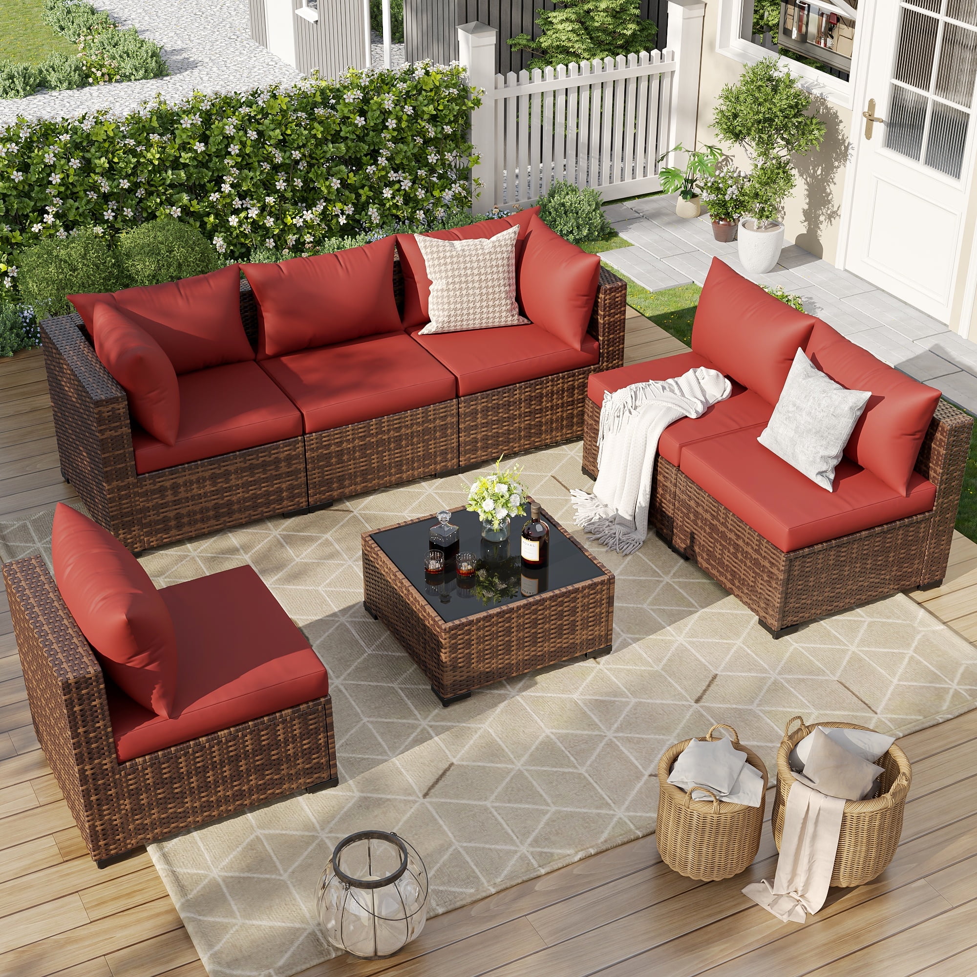 ELPOSUN 7-Piece Patio Set, All-Weather Outdoor Sofa, Glass Table, Anti-Slip Cushions, Waterproof Cover